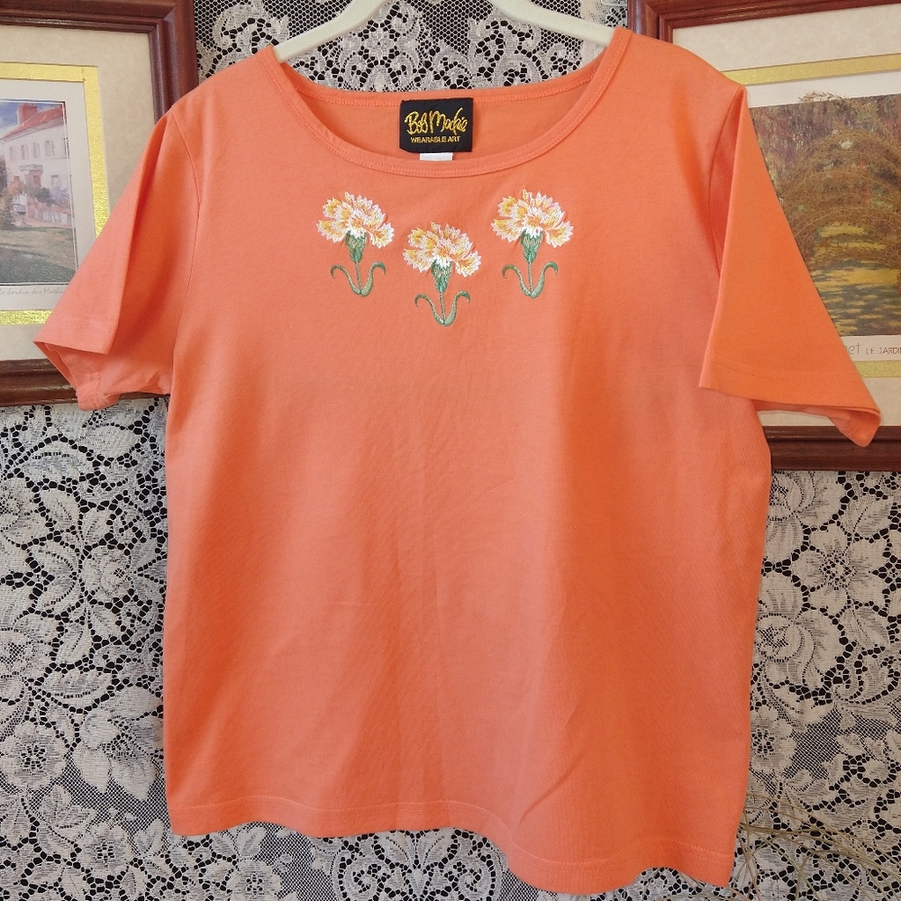 Bob Mackie vintage shirt orange with embroidered floral design on 100% cotton